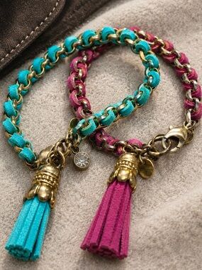 Cara NY Chain Link Bracelet Braided Suede Turquoise Magenta Boho Set of 2